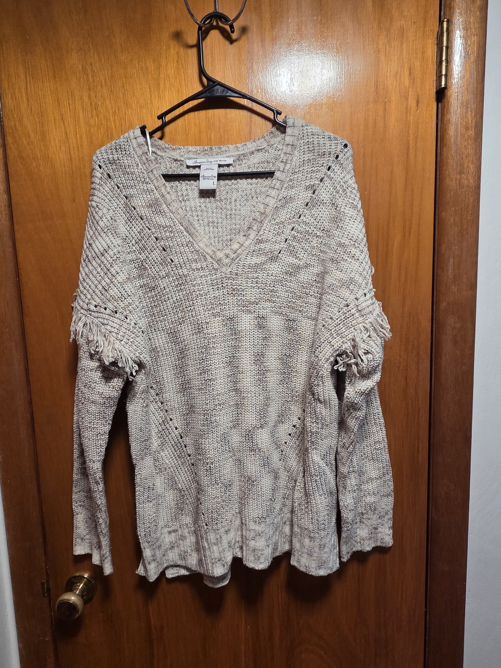 American Rag Beige Fringe V‑Neck Knit Sweater